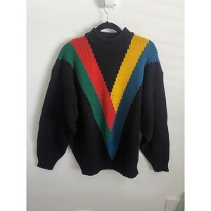 Unionbay Vintage 90s Color Block V Pattern Mock Neck Knit Sweater Black XL